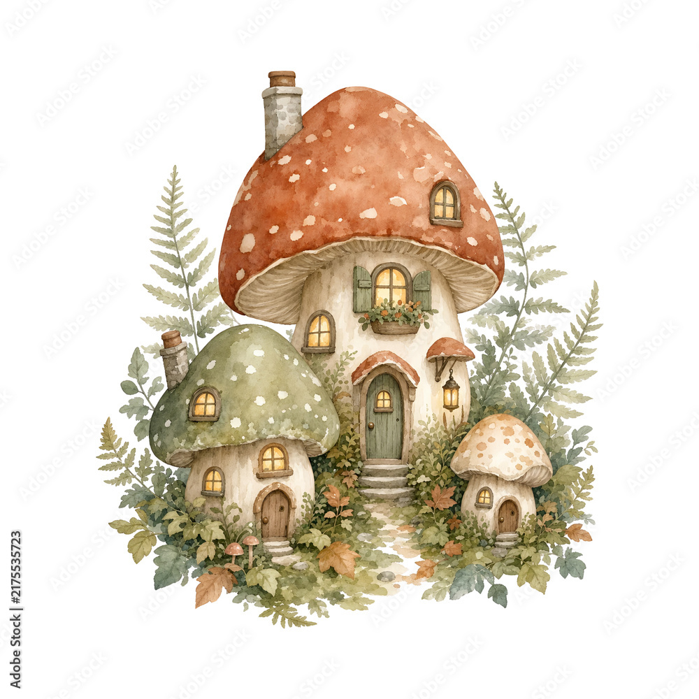 Obraz premium Watercolor illustration of a whimsical fairy mushroom house village in a forest setting