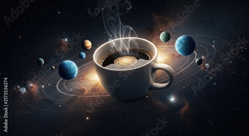 Steaming coffee cup in space planets.