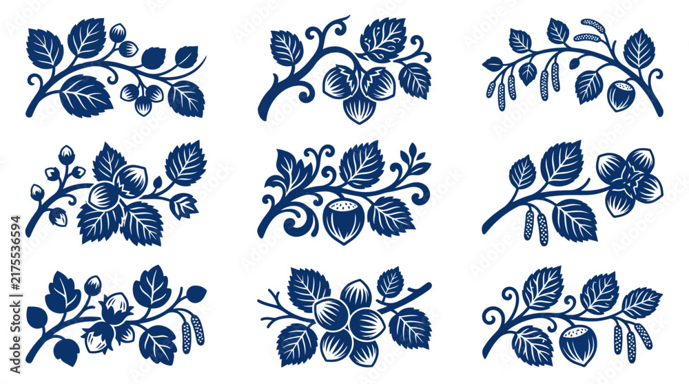 Fototapeta premium Blue foliage and berry branch illustrations.