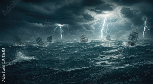 Stormy sea with ships struggling.
