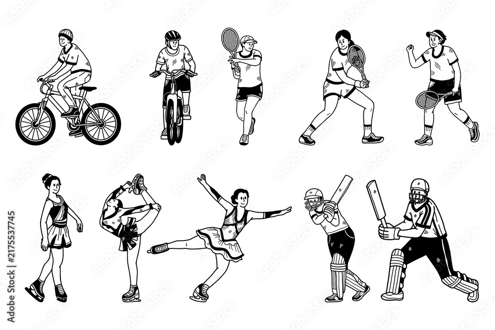 Fototapeta premium black and white Illustration set of athletes cycling tennis ice skating and cricket