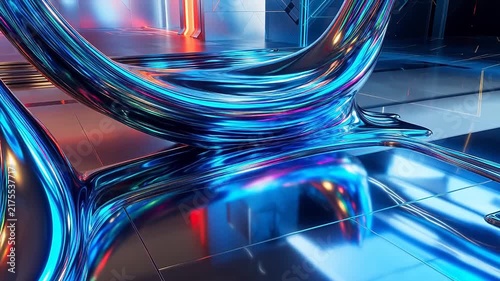 Abstract 3D Liquid Metal Wave with Vibrant Blue and Red Neon Reflections