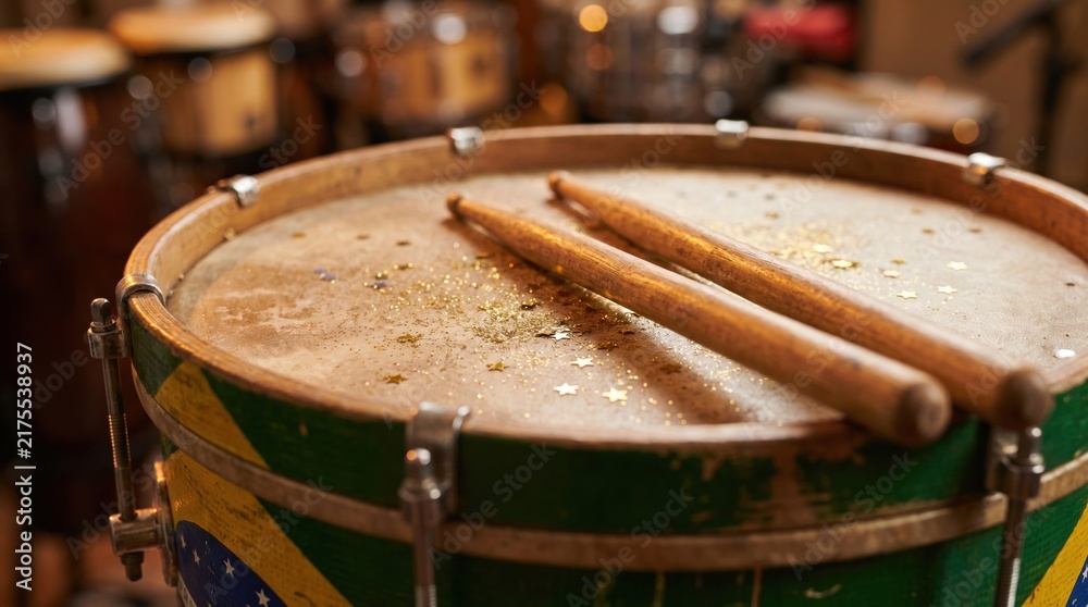 Obraz premium Samba drum with wooden sticks resting on the drumhead for Brazilian percussion music