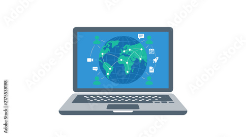 Global networking illustration showing world map connection on laptop screen for digital communication