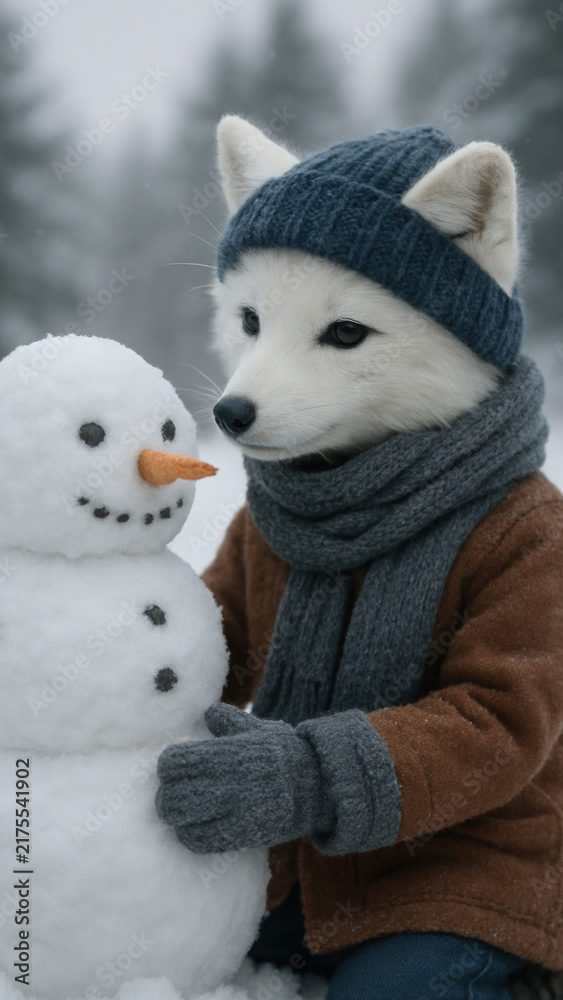 Fototapeta premium Adorable fox builds snowman joyfully.