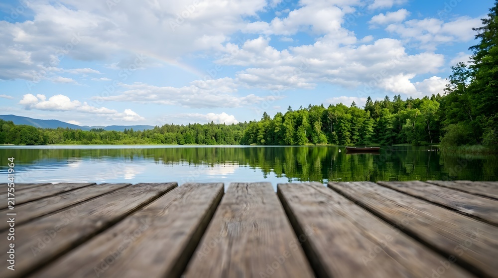 Obraz premium A peaceful wooden dock overlooking a calm lake surrounded by lush green pine trees under a blue sky