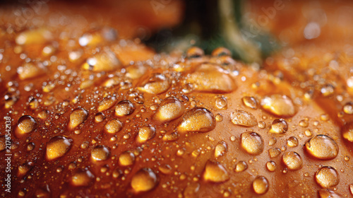 Vibrant orange pumpkin surface covered in glistening water droplets captured with shallow depth of field focus
