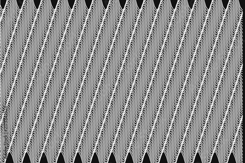 Optical illusion with white wavy zig zag lines on deep black background.