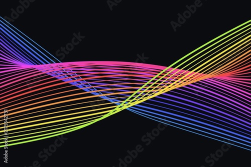 Rainbow colored curved lines forming abstract wave design on dark space.