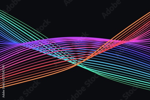 Rainbow colored flowing curves in artistic wave design on dark backdrop.