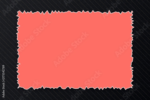 Rectangular coral paper frame with a jagged edge on dark striped backdrop.