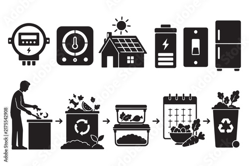 Smart home energy saving and recycling vector icons set in black silhouette with recycling