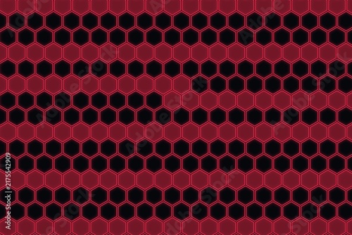Red neon glowing honeycomb pattern on black background for tech concept.
