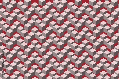 Repeating isometric cubes with grey blocks set on vibrant red backdrop.