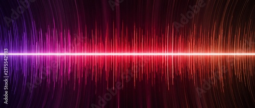 Abstract digital sound wave equalizer background with vibrant purple and red light streaks