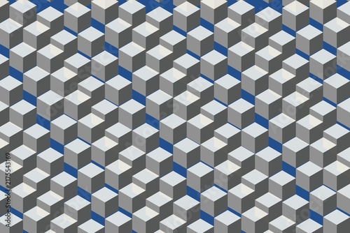 Seamless pattern composed of isometric cubes in shades of grey and blue.