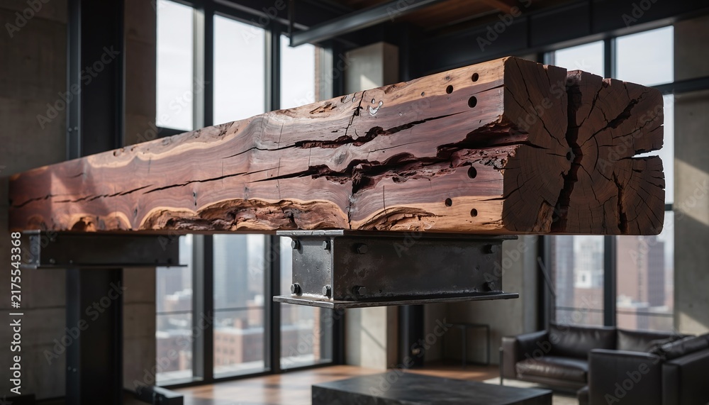 Obraz premium With nobody inside, a massive rustic wooden beam highlights a modern industrial loft, blending raw natural wood texture with urban architecture to evoke strength and luxury.