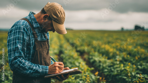 Mature farmer wearing brown cap and denim overalls writes important observations inside notebook within fields
