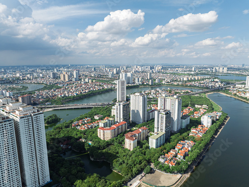 Aerial view of Linh Dam Peninsula and urban skyline in Hanoi, Vietnam
