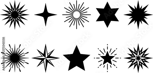 A diverse collection of black starburst shapes and radiating line elements
