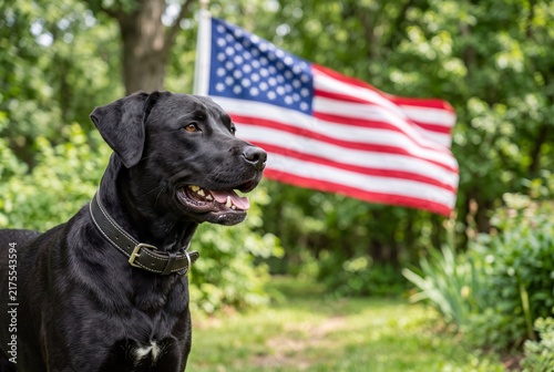 Black labrador retriever dog standing outdoors with an american flag in the background