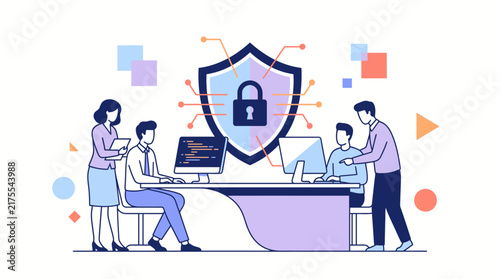 Professional team working on cybersecurity software development in a modern office environment.