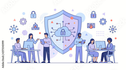 Professional team working on cloud computing and cybersecurity data protection infrastructure.
