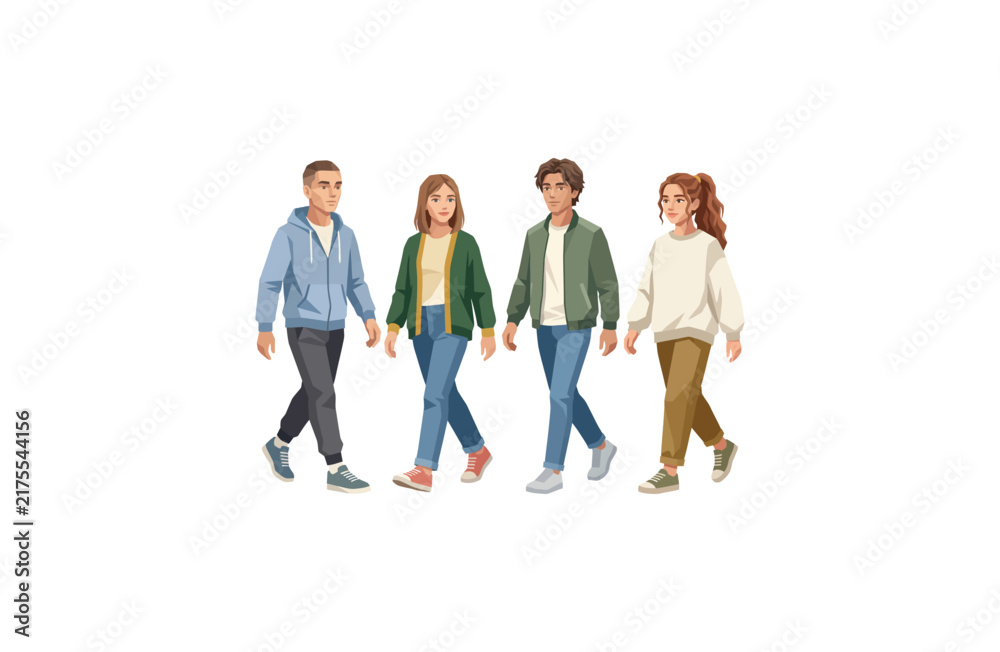 Fototapeta premium Group of Diverse Young People Walking Together Vector Illustration