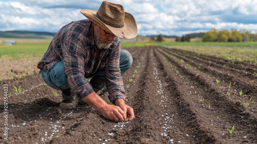 Elderly farmer wearing rustic straw hat planting white seeds in dark soil on sunny day