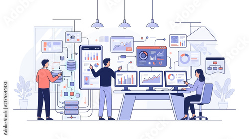 Professional team working on data analysis and digital infrastructure development in a modern office.