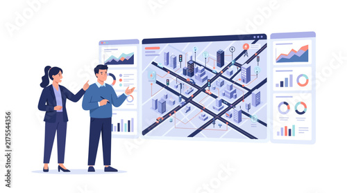 Business professionals analyzing smart city infrastructure data on a digital interactive screen.
