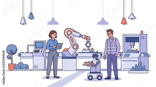 People working with robotic arms and automation in a modern smart factory setting.