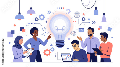 Diverse professional team brainstorming new creative business ideas around a glowing lightbulb.