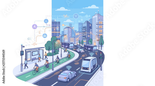 Smart city concept with autonomous vehicles and digital infrastructure in a modern urban environment.