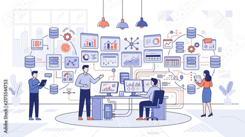 Professional team working on data analysis and cloud computing infrastructure in a modern office environment.