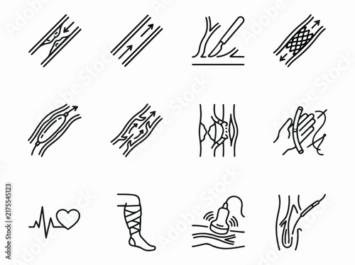 Vascular health and varicose vein treatment icon set line art vector collection for cardiology and phlebology healthcare app interface