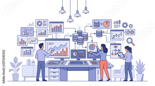 Professional team of data analysts working with complex database systems and business charts.