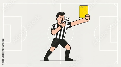 Soccer referee holding up yellow card on field.