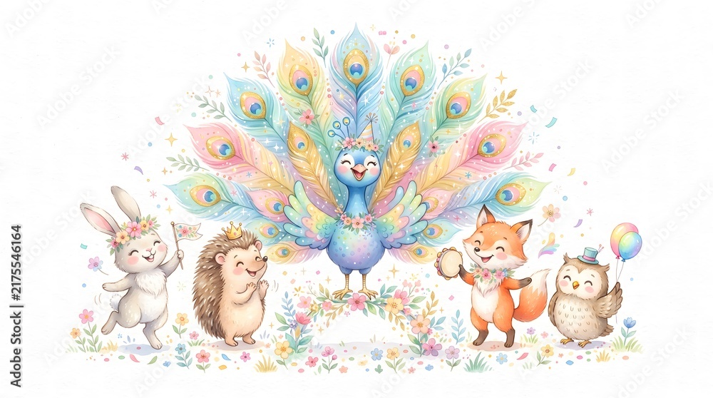 Fototapeta premium A delightful watercolor illustration of baby animals gathered under a soft rainbow, creating a magical and cheerful children’s scene.