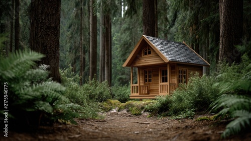 Cozy wooden cabin nestled in tranquil green forest landscape