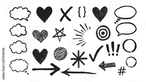 Hand Drawn Doodle Vector Element Set with Speech Bubbles Hearts Stars Arrows and Signs Isolated on White Background