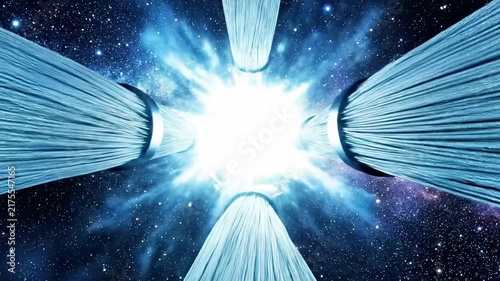 Futuristic spaceship engine emitting light beams in space