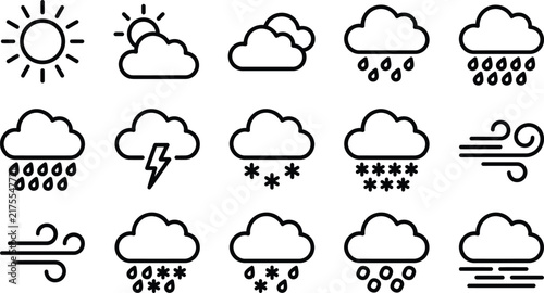 A set of simple outline icons illustrating different weather conditions including sun, clouds, rain, snow, and wind