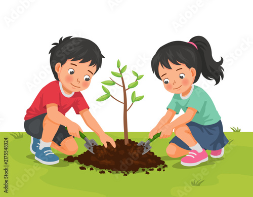 Two kids gardening gardening planting young tree seedlings with shovel in the garden
