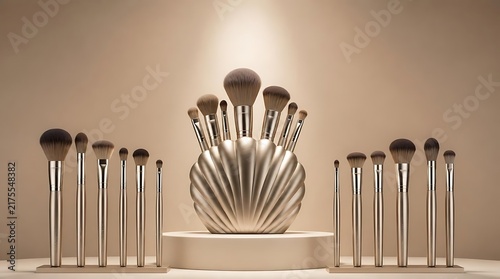 Collection of Professional Makeup Brushes Arranged in a Decorative Holder.