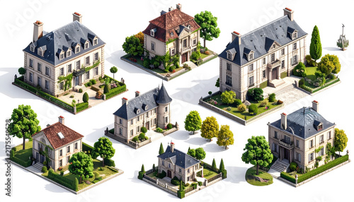 Several detached, luxurious, and well-maintained residences and manors, each with unique architectural details, gardens, and landscaping