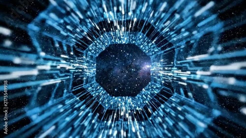 Glowing blue geometric portal in star-filled black space.