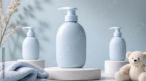 Three light blue pump bottles of liquid soap or lotion with a teddy bear and towel.