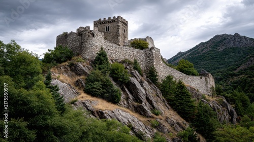 Ancient Stone Castle on Rocky Hill Surrounded by Lush Greenery