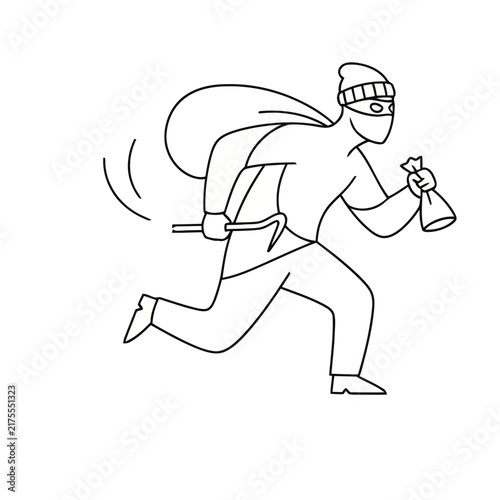 Thief running with a bag of money and crowbar